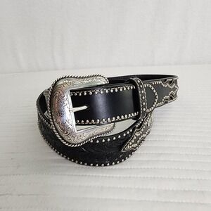 Nocona Black Leather Western Belt Silver Buckle Studded Embossed Mens Size 46